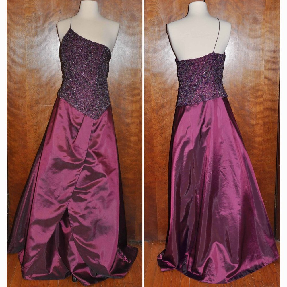 Vintage Cassandra Stone 2 Pc Beaded One Shoulder Rose Wine Formal Gown & Shawl